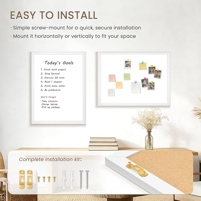 White Board for Wall, 24" x 18" Magnetic Dry Erase Board, Decorative Wooden Frame Large Whiteboard, Wall Mounted, Aesthetic Writing Board for Home, Office, School - White