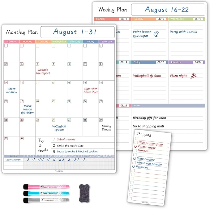 ALEZEL Magnetic Fridge Calendar Whiteboard, Dry Erase Refrigerator Calendar Set (3 Boards) - Magnetic Weekly Calendar for Fridge, Dry Erase Calendar, Grocery List White Board, 3 Markers + Eraser