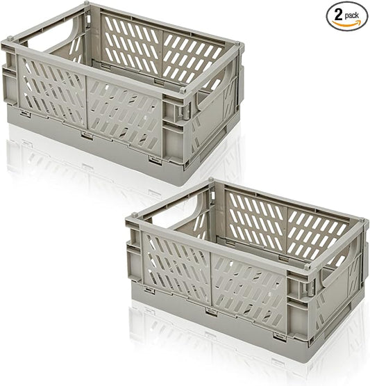 2 Pack Mini Foldable Small Plastic Baskets for Organizing and Storage，Collapsible Storage Crates,Mini Bins for Home Kitchen Bedroom Bathroom Office (Grey, Extra Large 16x11x6)