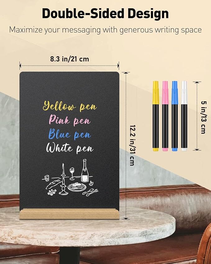 Uniclife 3 Pcs A4 Tabletop Chalkboard Sign with Stand & Chalk Markers, 8.3 x 11.7 Inch, Double-Sided Wooden Chalk Board Sign for Tables, Menu Board for Bar Wedding