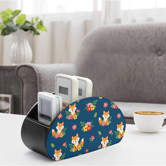 Remote Control Box with 5 Compartments, PU Leather Storage for Media Players, TV Remotes, and Bedside Table, Cute Fox
