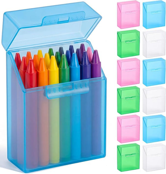 Clabby 12 Pcs Plastic Crayon Organizer Case for 24 Count Crayons Kids Art Supply Storage Box with Lid, Portable Holder for Classroom Home Travel, Fits Standard 24-Pack Crayon (Pink,Blue,Green,Clear)