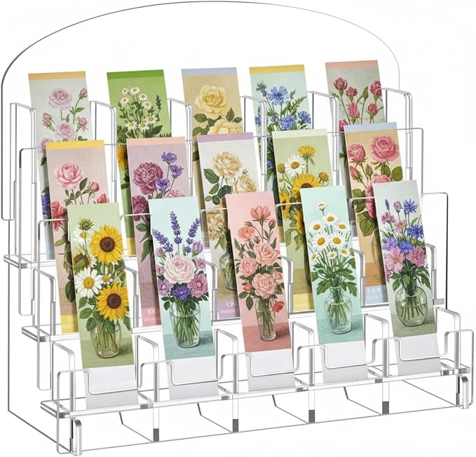 Yuntau Acrylic Bookmark Display, 0.2" Thick Acrylic Adjustable 2.2'' Stand, Portable Sticker Holder, Curved Pockets Greeting Card Display for Business Vendor, Retail Store Shop(detachable, 15 Pockets)