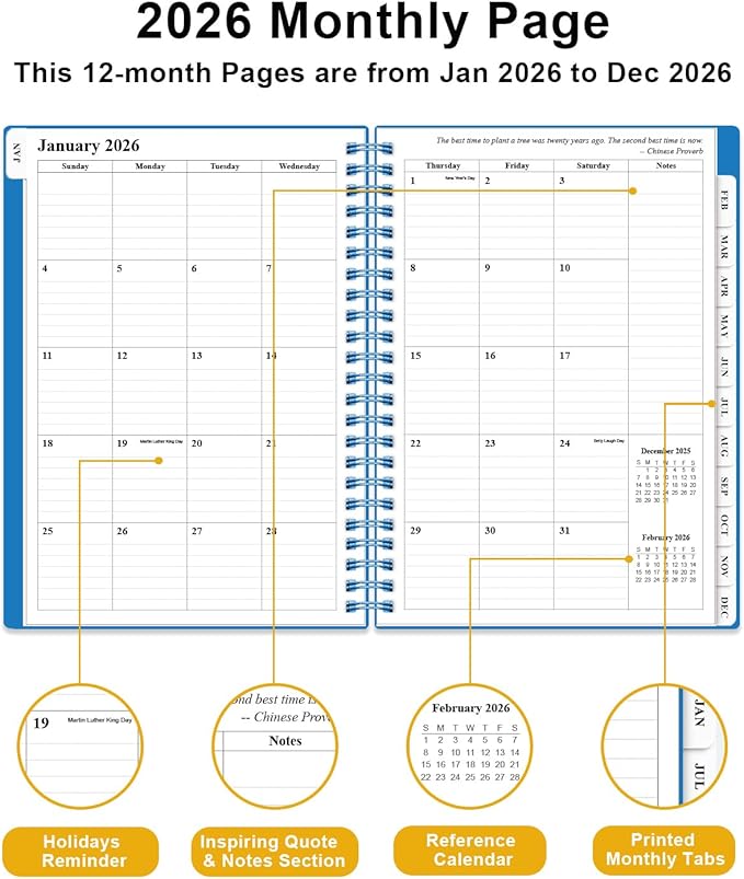 Planner 2026 - Weekly & Monthly Planner from January 2026 to December 2026, Agenda 2026 with Inner Pocket, Elastic Band, 6.4" x 8.5", Blue