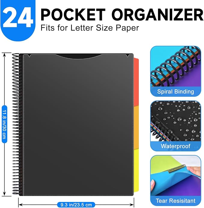24 Pocket Poly Project Organizer for Office & Home, Large Capacity Expandable File Folder with Dividers, Heavy Duty Accordion Folder for Documents, Bills, Files Organization (Black)