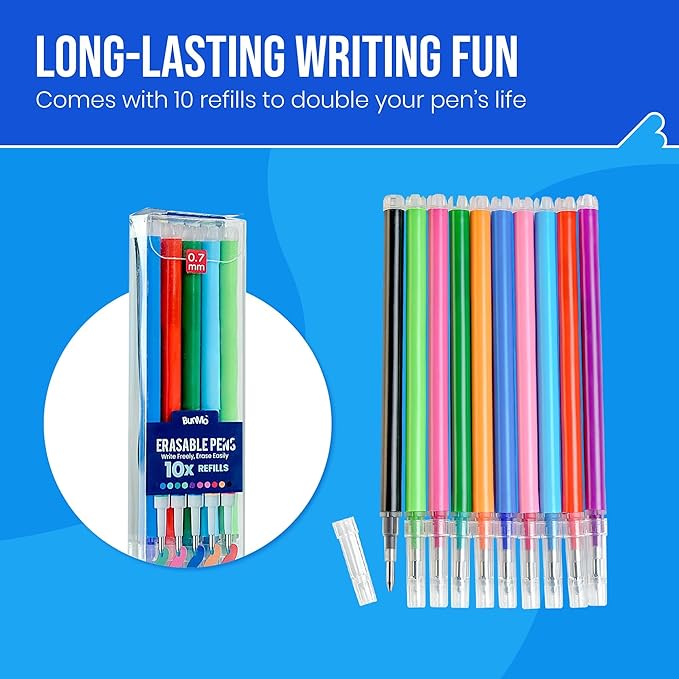 BUNMO Erasable Gel Pens - Multicolor Erasable Colored Pencils for Smooth Writing & Drawing - Gifts for Teens - 10 Colorful Pens with 10 Refills Included