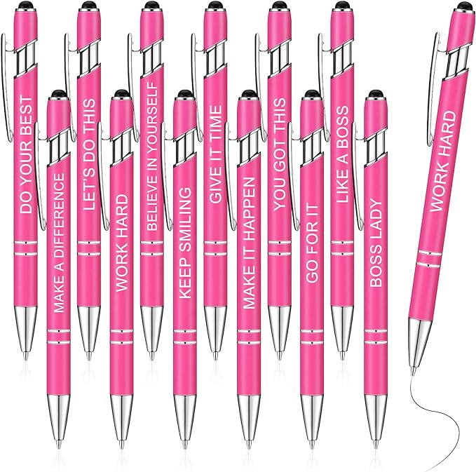 Zonon 12 Pcs Inspirational Pens Gift Set Funny Ballpoint Pen with Stylus Tip Motivational Graduation Gifts Bulk for Teacher Coworkers Nurse School Office Supplies(Pink,Boss Lady)