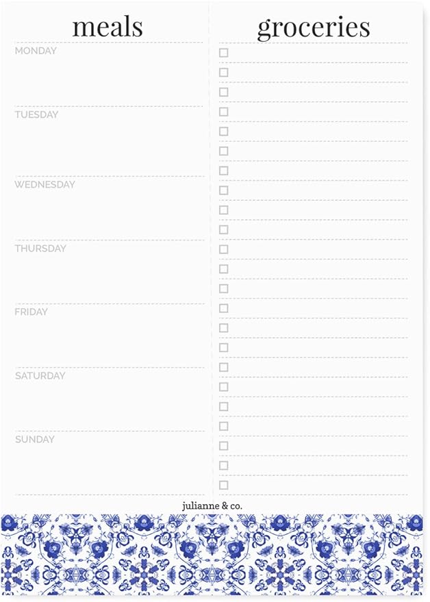 Weekly Magnetic Meal Planner Notepad By Julianne & Co - Food Planning Organizer And Grocery List Pad, 52 Premium A5 Pages, with Tear Away Perforated Shopping List (Blue China Print WITH Fridge Magnet)