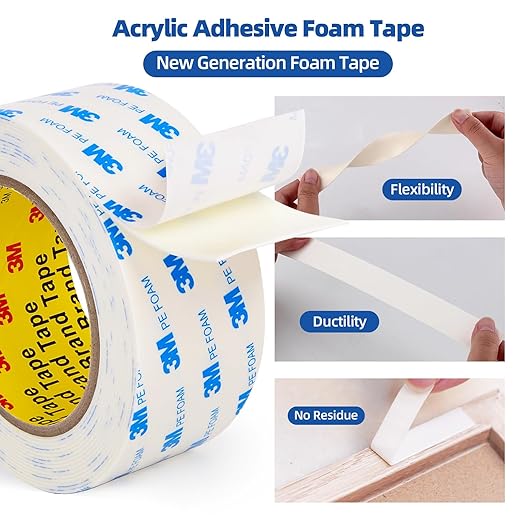 3M Double Sided Tape 1"×16.5Ft, Mounting Tape Heavy Duty No Residue, Removable PE Foam Tape Strips, Extra Strong Adhesive Tape Waterproof for Walls Home Office Decor Crafts Paint Picture Poster