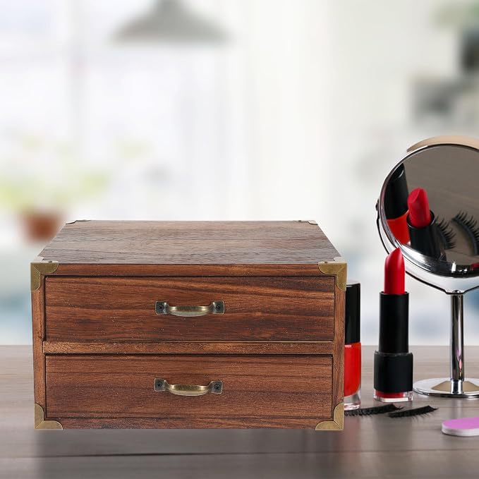 Alipis 2 Drawer Wooden Desktop Organizer - Vintage Style Storage Cabinet for Office Supplies Jewelry and Cosmetics Compact 9.44X7.08X5.11 Inch