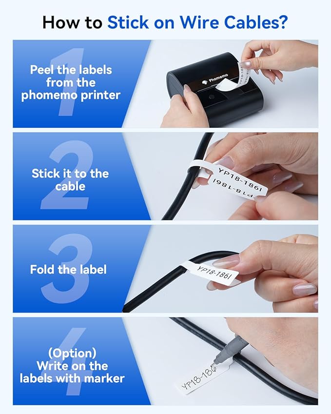 Phomemo Thermal Cable Labels M110-300 Pcs Wire Labels 1" x 1.5" + 1.6" T (25x38+40mm) for Phomemo M110/M100/M220/M260/M250/M221 Label Maker, for Management, Cord Tags for Electronics, Black on White