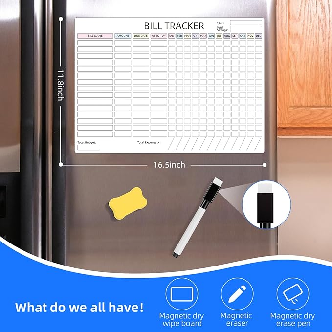 Monthly Bill Payment Checklist Magnetic Whiteboard for Refrigerator-Bill Payment Tracker Calendar Chart Monthly Bill Organizer & Planner for Personal Budgeting Financial (Style 1)
