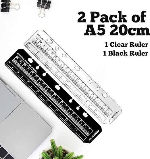 Performore 7 Holes Snap-in Bookmark Ruler | 8 Inch (20cm) Dual-Sided Measuring Tool | Fits A5 Notebooks & 5.5-Inch Binders | Black and Transparent Rulers