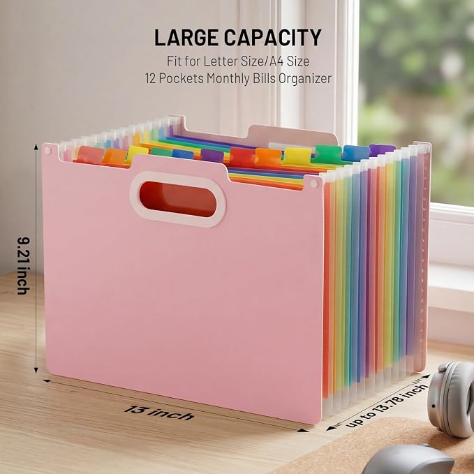 Comix Expanding File Folder, 13 Pockets Accordion File Organizer, Letter/A4 Size Document Organizer for Home Office School, Pink