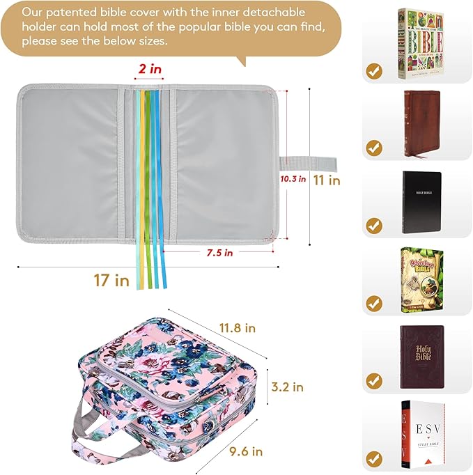 Derstuewe Bible Cover Case for Women – Stylish & Durable Zippered Bible Bag with Handle & Pocket, Fits Standard & Large Bibles, Perfect for Church, Travel, Study & Gifts, Big Flower