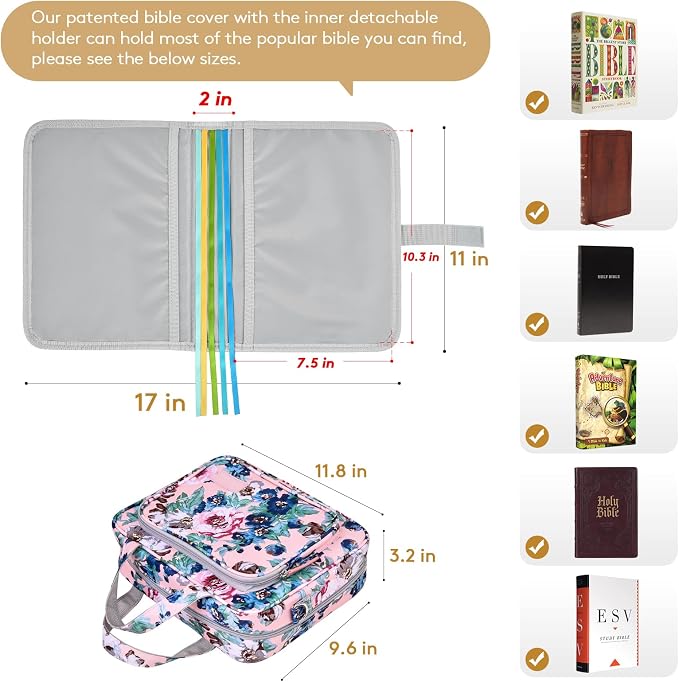 Derstuewe Bible Cover Case for Women – Stylish & Durable Zippered Bible Bag with Handle & Pocket, Fits Standard & Large Bibles, Perfect for Church, Travel, Study & Gifts, Big Flower