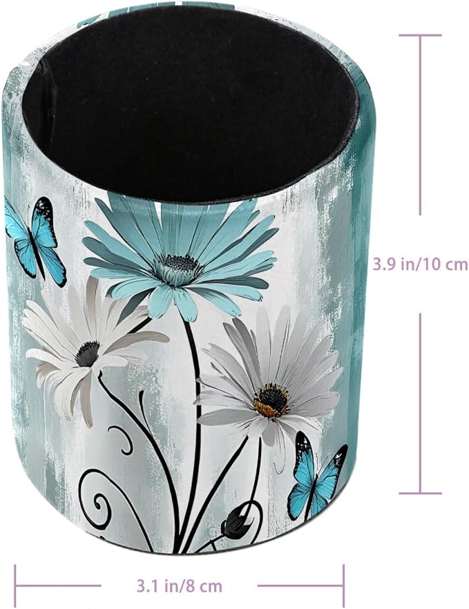Farm Teal Daisy Butterfly on Country Wooden Pen Holder Pencil Organizer Cute Pencil Cup Desk Decor Makeup Brush Holder PU Multifunctional Office Supplies for Home Classroom School