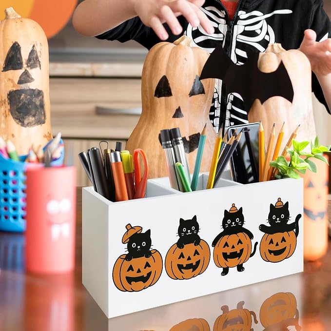 Halloween Black Cat Pen Holder for Desk, Funny Pumpkin Cute Black Kitten Wooden Box Sign Desk Decor for Home Office Decoration, Fall Halloween Pencil Organizer, Cat Lover Gifts