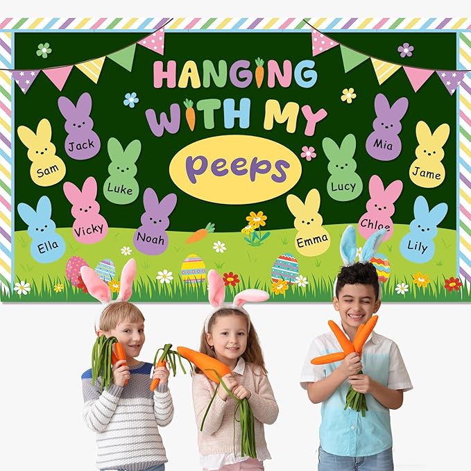 Easter Bulletin Board Set Easter Bunny Classroom Decorations Spring Peeps Bulletin Board Border Colorful Rabbit Eggs Paper Cutouts Home for Happy Easter Party School Classroom Chalkboard Supplies