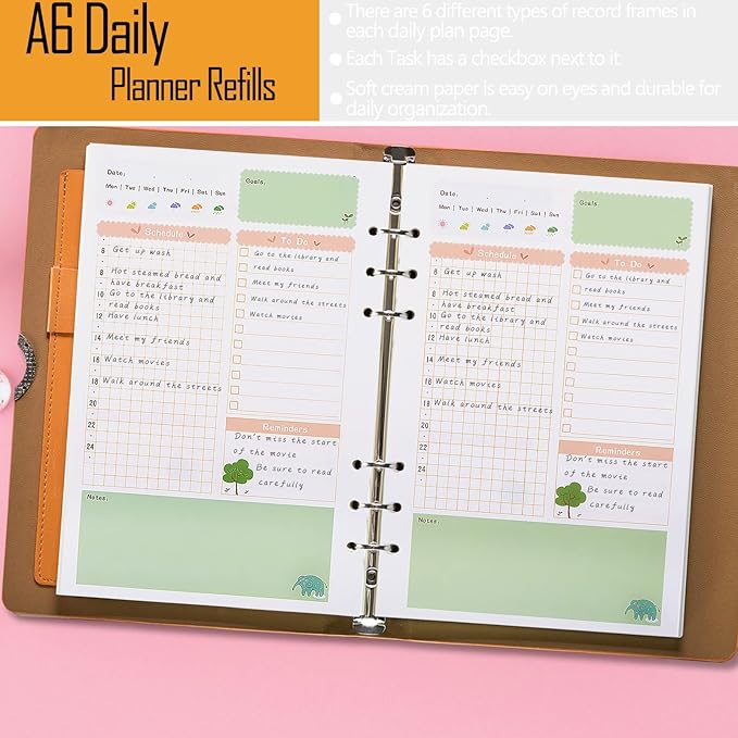 Rancco A6 Planner Inserts Daily Planner Refills, 90 Pages Colorful 6-Ring Loose-leaf Binder Inserts w/Divider, PVC Pouch, Ruler, Index Tab for Journal, Filofax, Double-sided, Undated,6.9x3.7"