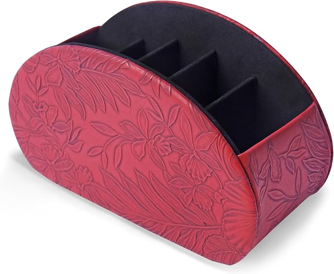 Remote Control Holder, PU Leather Remote Caddy Desktop Organizer with 5 Spacious Compartments for TV Remotes/Media Controllers/Office Supplies (1-Carved Red