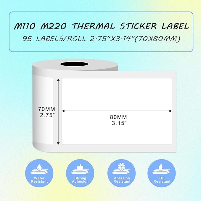 M220 Thermal Labels Compatible with Phomemo M221/M220/M120/M200/M250 Label Printer,2.75"x3.14"(70x80mm), 95 Labels/Roll, Black on White