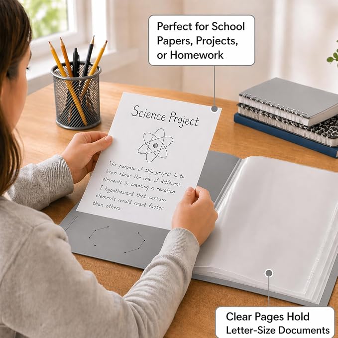 Ultra PRO - 50 Pack Grey Heavy Duty 2-Pocket Folders with 6 Clear Internal Pages, Waterproof Poly Project Organizer for School and Office, Fits 8.5 x 11 Letter Size, Customizable Clear Covers