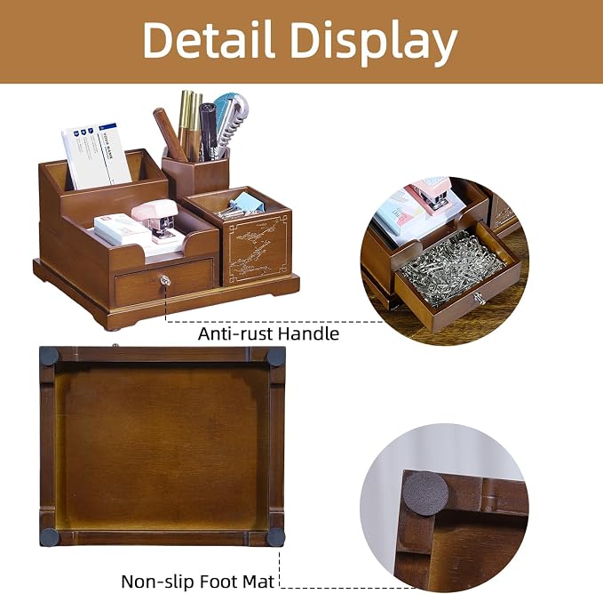 Bamboo Desk Organizer with Drawer, Pen Holder & Business Card Slot, Multi-Compartment Desktop Storage Caddy, Wood Desk Accessories for Office & Home Office, Dark Brown Finish