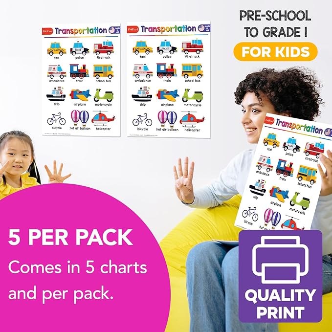 Transportation Chart for Preschool to Grade 1 – Bright and Colorful Educational Visual/Learning Aid Poster Decoration for Classroom or Home | Glossy, Durable Cardstock | 8.5" x 11" | 5 per Pack