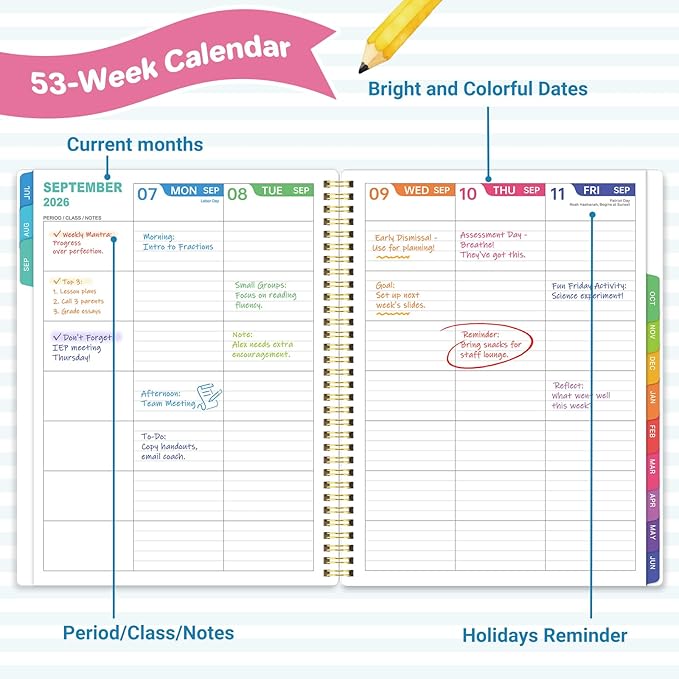 Teacher Planner 2026-2027 - Teacher Lesson Planner 2026-2027, 11" x 8.5", JULY 2026 - JUNE 2027, Teacher Planner Academic Year, Colorful Pages, Holidays, Colorful Monthly Tabs, Inner Pocket