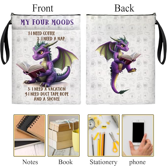 Purple Dragon Book Cover, Waterproof Book Sleeve with Zippered Front Pocket Retro Flowers Book Pouch for Book Lovers, Christmas, Birthday, Graduation Gifts (Purple Dragon, Large)
