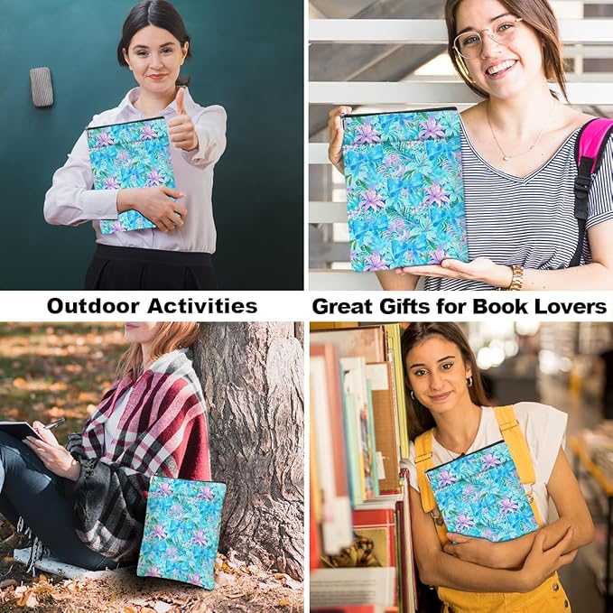 Book Sleeve Book Lovers Gifts Waterproof Books Pouch Protector with Zipper & Pocket Gifts for Women Girls Bookworm Teacher Reader Librarian Birthday Friendship Christmas, Purple Floral Bow Decor