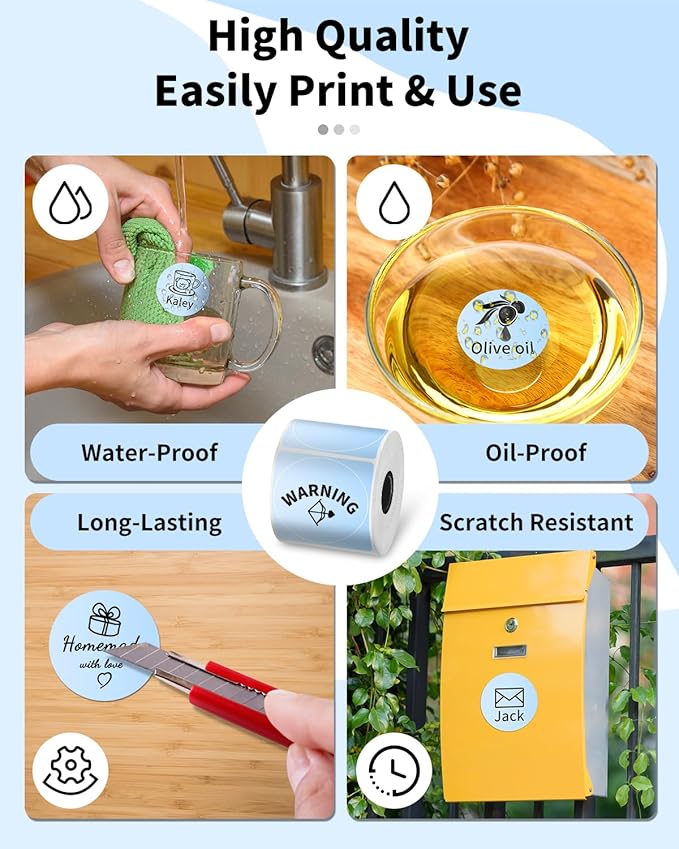 Phomemo Thermal Circle Label Compatible with M110/M100/M120/M150/M200/M220/M250 Labels Maker, 1.96" x 1.96"（50x50 mm） Sticker Round Thermal Label, Black on Blue