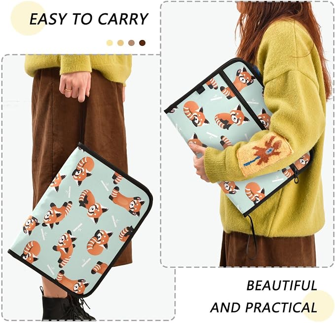 13 Pockets Expanding File Folder Cute Red Panda Cyan with Sticky Labels Accordion File Folder Document Organizer Letter Size A4 Papers Expandable File Keeper