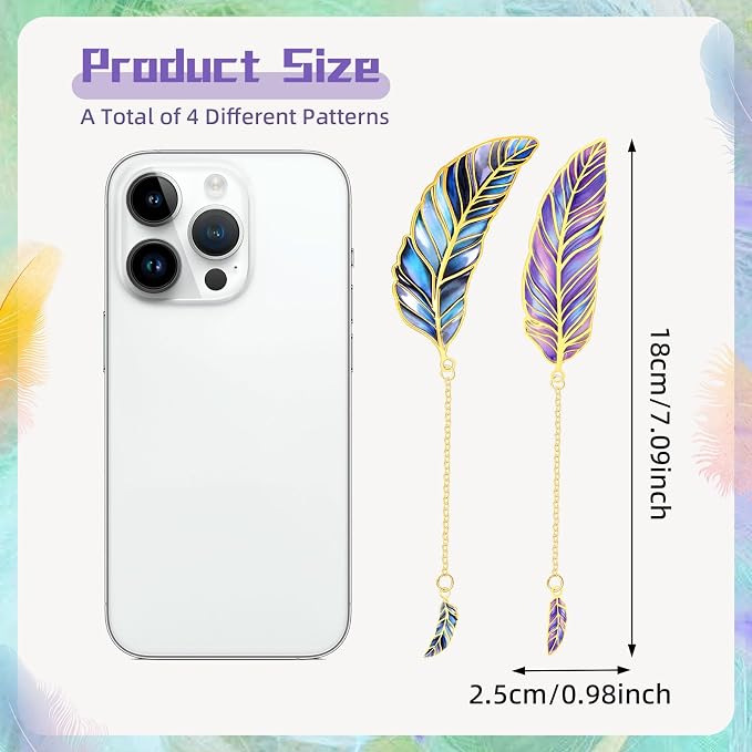 JSRQT 4Pcs Feather Metal Bookmark for Reading,Unique Page Markers Bookmarks with Chain Pendant,Book Mark Reading Accessories Gifts for Book Lovers Readers Women Men