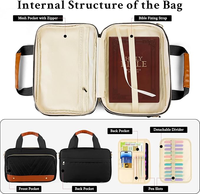 Bible Cover Case for Women, Large Quilted Bible Bag with Bible Study Supplies 5*Sticker & 5*Highlighter & 5*Pen, Stylish Church Bag Journaling Kit, Mothers Day Christian Gifts (Black)