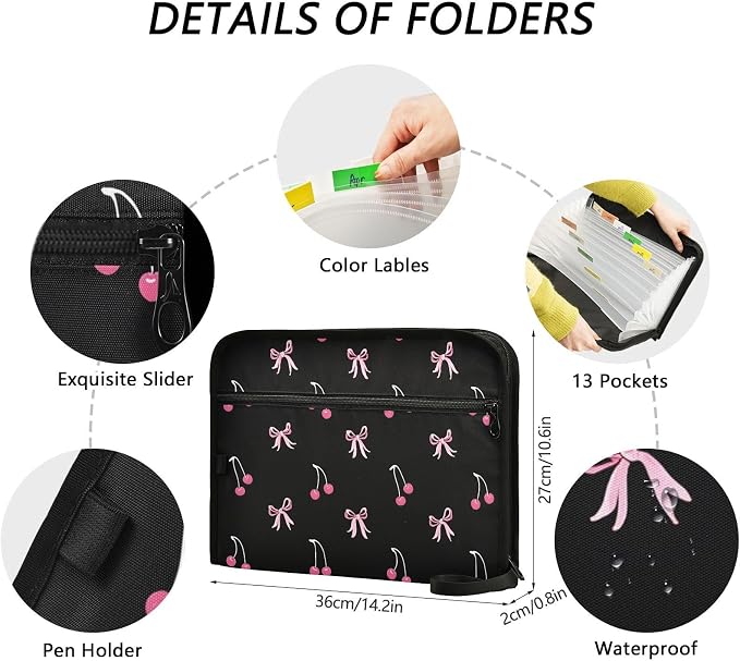 Expanding File Folder Black Pink Bow Cherry Accordion File Organizer 13 Pockets Document Organizer with Zipper Labels A4 Letter Office Storage