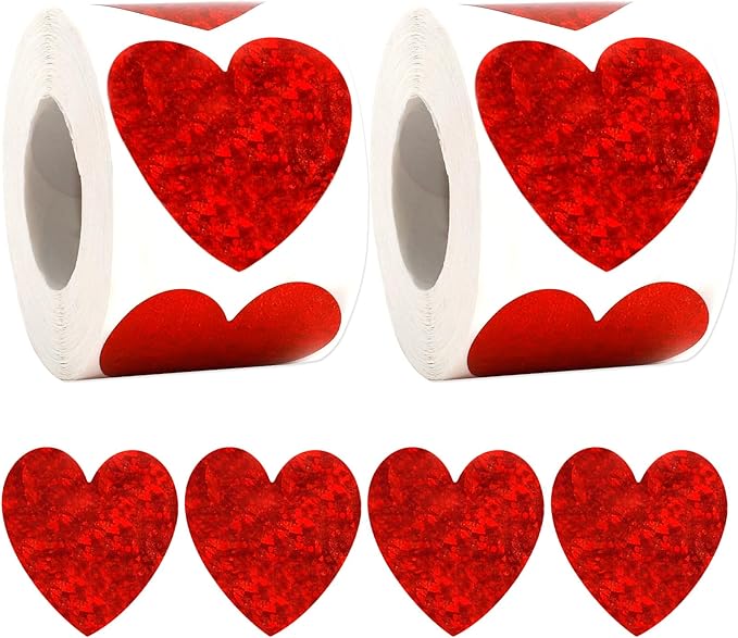 Heart Stickers, 1000Pcs Glitter Red Heart Stickers, 1" Shiny Self Adhesive Foil Red Love Decorative Labels for Valentine's Day, Wedding, Anniversaries, Mother's Day, Award Classroom Supplies