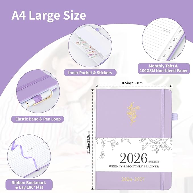 Planner 2026-2027, 8.5" x 11" Weekly and Monthly Planner with Tabs from Jul 2026 - Jun 2027 Academic Year, A4 Large Hardcover Agenda Calendar with Date for School & Office Schedule, Purple