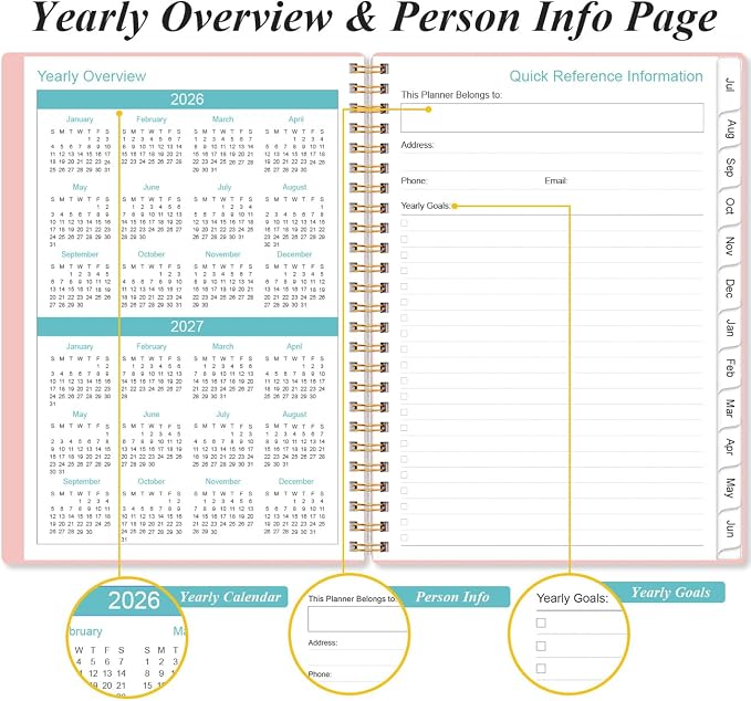 2026-2027 Planner - Planner 2026-2027 from July 2026 - June 2027, Weekly & Monthly Planner Spiral Bound with 12 Monthly Tabs, Inner Pocket, 6.4" x 8.5", Pink-A
