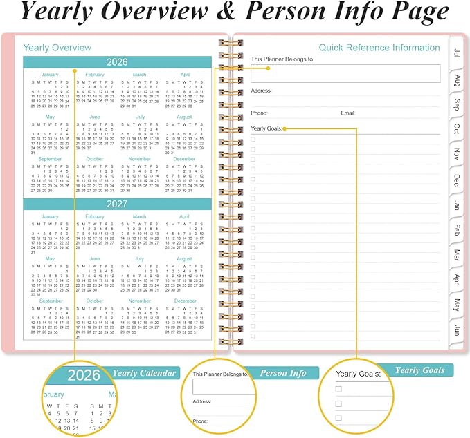 2026-2027 Planner - Academic Planner 2026-2027 from July 2026 to June 2027, Weekly Monthly Planner 2026-27 with 12 Monthly Tabs, Inner Pocket, 6.4" x 8.5", Pink