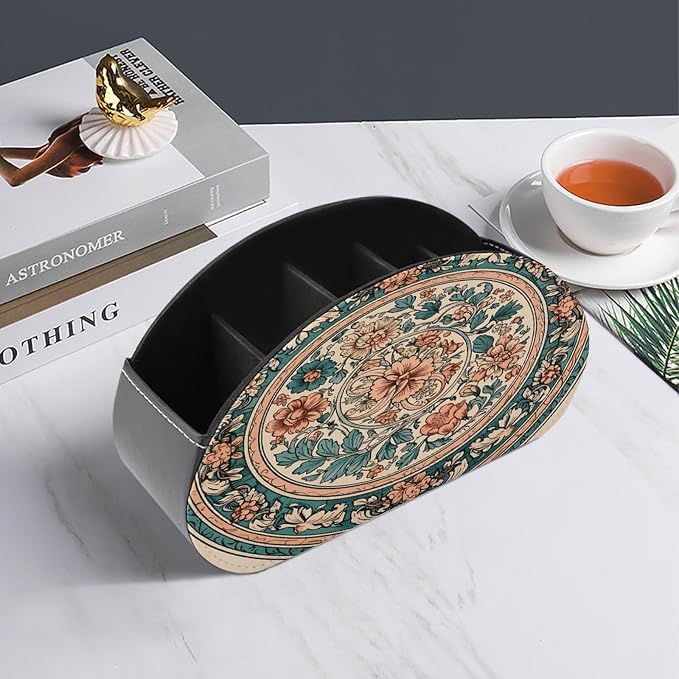 Remote Control Holder,Circular Pattern Printed PU Leather Remote Caddy Desktop Organizer with 5 Compartments for Media Accessories & Office Supplies Storage