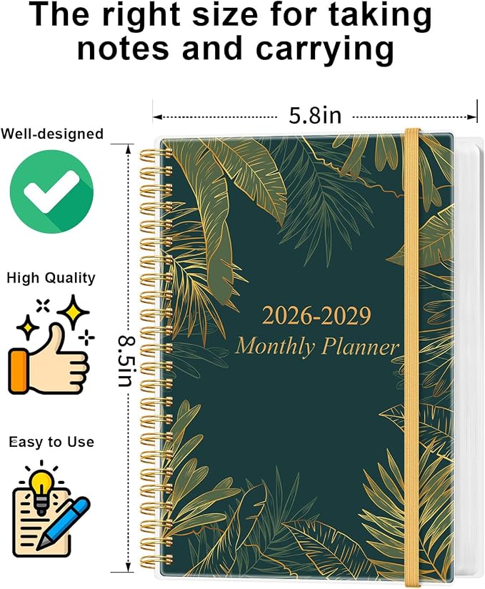 2026-2029 Monthly Planner, 3 Years Calendar from July 2026 - June 2029 with Spiral Binding, Inner Pocket, Elastic Closure, 36 Month Planner for Home | School | Office, 5.8" x 8.5", Green Gold Leaf