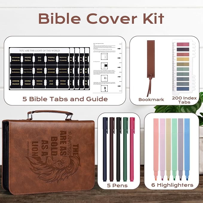 XKDOUS 20 Pcs Leather Bible Cover Case Kit Men's Bible Bag with Tabs, Pens, Study Supplies Portable Carrier Church Book Holder Christian Gift Father Day for Dad, Mom, Men, Women