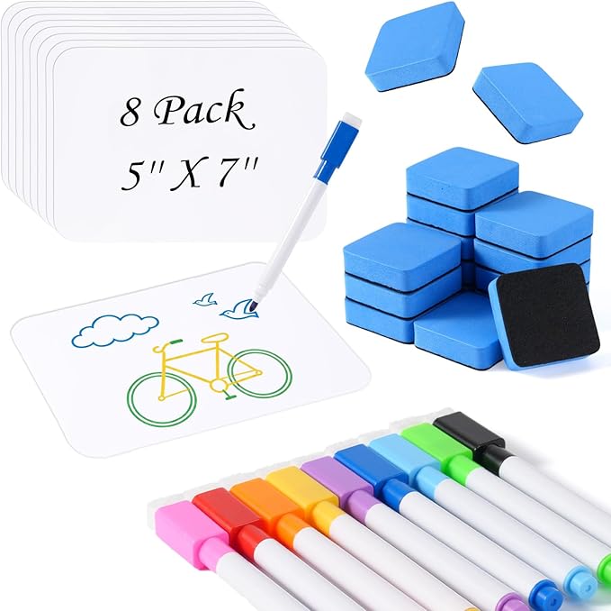 Mini White Boards for Students, 8 Pack 5 x 7 Inch Double-Sided Dry Erase Boards with Markers & Erasers, Reusable Small Lap Boards for Classroom Teacher Student Interactive Learning