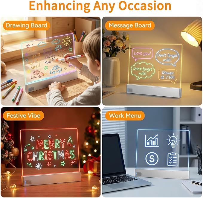 LED Note Board with 8 Dry Erase Markers for Girls Boys Toys, 13"x10" Glow Drawing Board with 7 Colors for Kids Gifts, Rechargeable Light Up Writing Pad, Lumiboard Doodle Tablet for Holiday