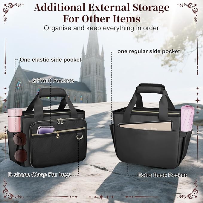 Large Bible Cover Case for Women, Bible Cover with Book Sleeve, Thick Padded Bible Case, Working Bible Tote Bag with Laptop and Bottle Pockets, Church Bag, Bible Bags for Women, Girl, Black