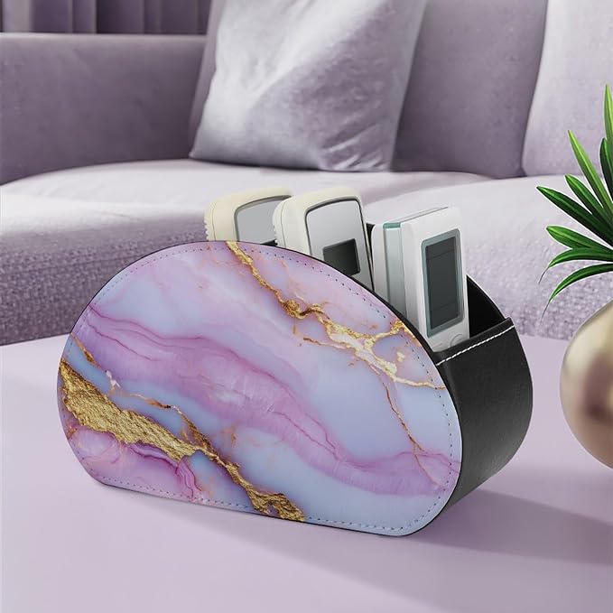 Pink Golden Veins Marble Texture Remote Control Holder with 5 Compartments Leather TV Remote Caddy Remote Storage Box Desktop Organizer for Pen/TV Remotes/Media Controllers/Office Supplies