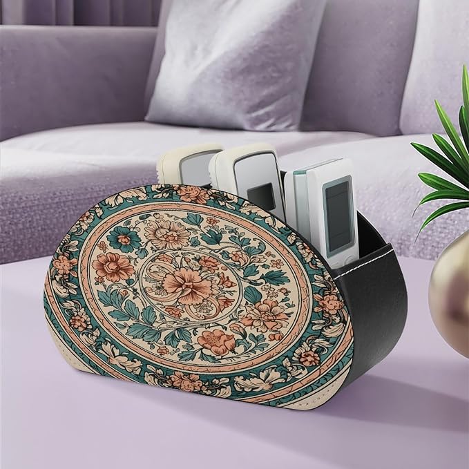 Remote Control Holder,Circular Pattern Printed PU Leather Remote Caddy Desktop Organizer with 5 Compartments for Media Accessories & Office Supplies Storage