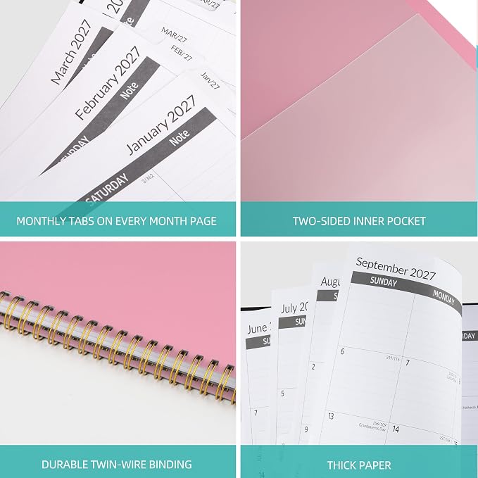 2027-2031 Monthly Planner 5 Year Monthly Planner/Calendar 2027-2031, Jan 2027 – Dec 2031, 9" x 11", Tabs, Double-Side Pocket, Holidays, Thick Paper - Pink